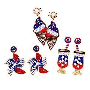 3 Pairs, Beaded Red White Blue Earring, Ice Cream Pinwheel Cocktail Earrings